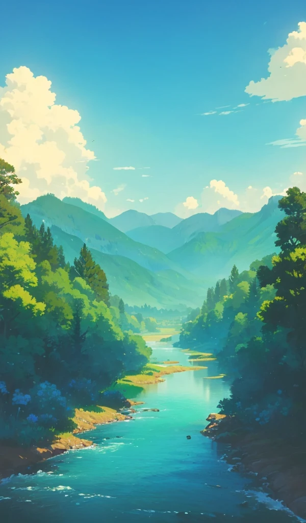 masterpiece,  anime style,  high definition ,  Natural Scenery, grassland,  Natural Scenery画, Beautiful blue sky, cloud, Wide sky, river, scenery, No_humans,