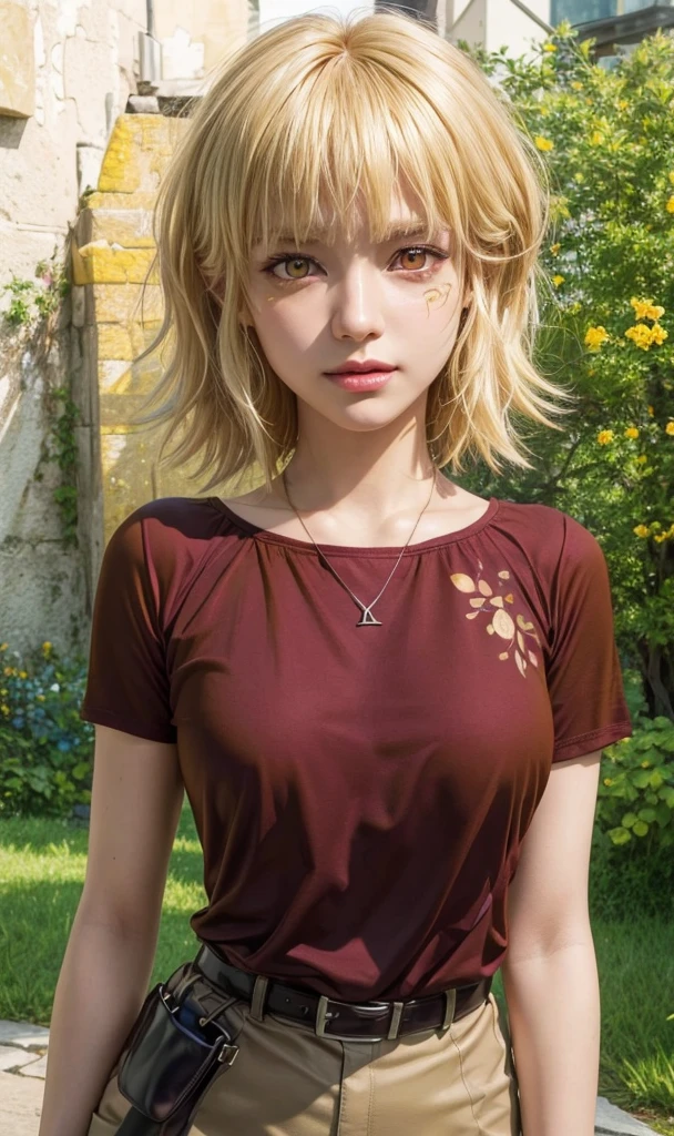 masterpiece, best quality, (realistic,photo-realistic:1.4), (RAW photo:1.2), extremely detailed CG unity 8k wallpaper, delicate and beautiful, amazing,finely detail, official art, absurdres, incredibly absurdres, huge filesize, ultra-detailed,extremely detailed eyes and face,light on face,cagalli,(little smile),(blonde hair:1.4),(short hair:1.4),(body paintings :1.5),nature background, blunt bangs,brown pants,belt,necklace,sunset,(yellow eyes:1.5)