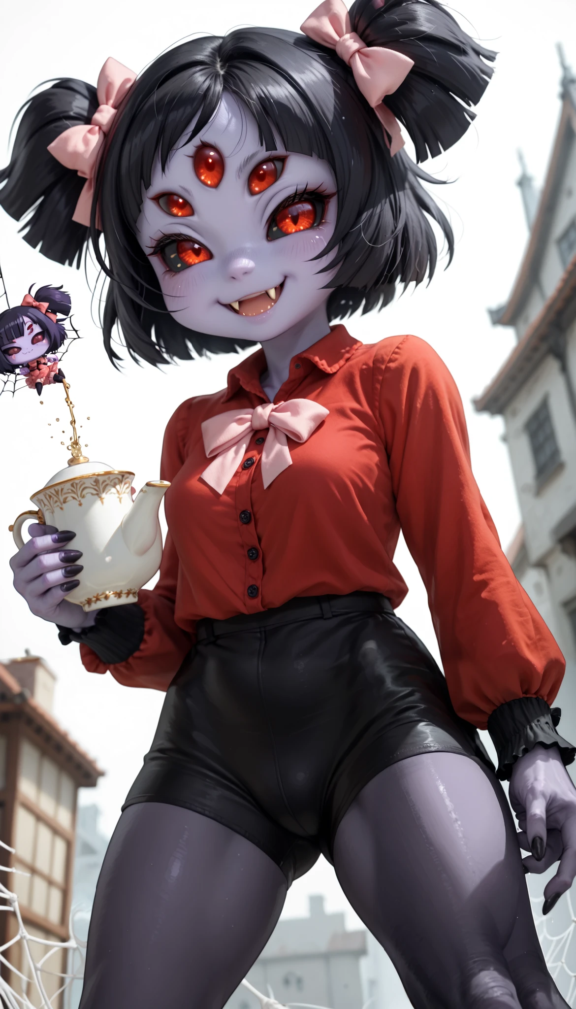 (zPDXL2), (PonyXLV6_Scores), Expressiveh, full body shot, BREAK
lhata4564, d3t41l3d, 
solo,1girl\(muffet,cute,chibi,monster girl,purple skin,humanoid, arachnid, anthro,(fangs),twin tails,hair bow,5 eyes,spider girl,6 arms, 6 hands,black sclera,red eyes, evil smile, clothed, holding teapot, holding teacup,beautiful spider webs, tight red shirts,pink ribbon tie, tight pink bloomers,pouring tea into teacup,black arm cover, black pantyhose,\), from below,cute pose,small spiders,dynamic angle