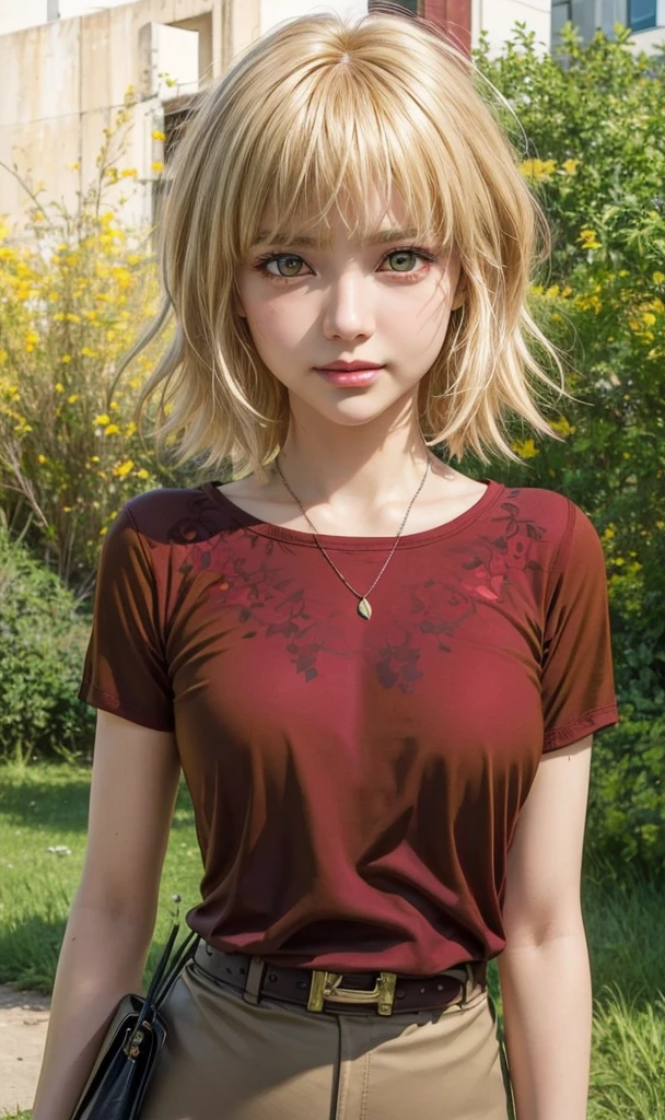 masterpiece, best quality, (realistic,photo-realistic:1.4), (RAW photo:1.2), extremely detailed CG unity 8k wallpaper, delicate and beautiful, amazing,finely detail, official art, absurdres, incredibly absurdres, huge filesize, ultra-detailed,extremely detailed eyes and face,light on face,cagalli,(little smile),(blonde hair:1.4),(short hair:1.4),(red body paintings :1.5),nature background, blunt bangs,brown pants,belt,necklace,sunset,(yellow eyes:1.5)