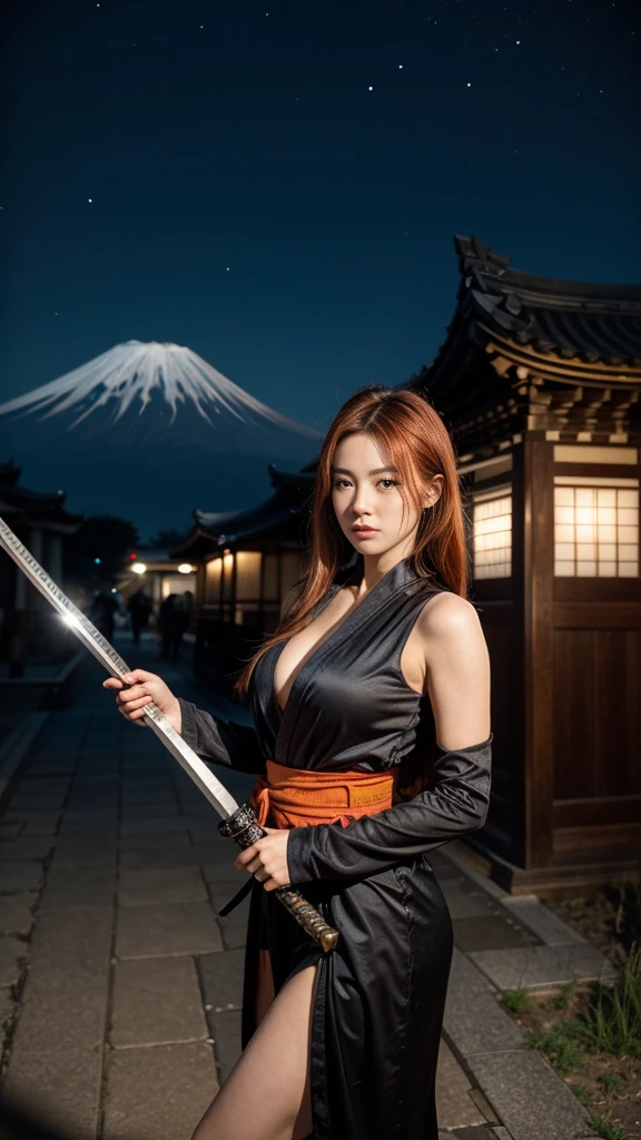  super high definition 、night、Mount Fuji、samurai、Ninja、Beauty、 orange hair、 Warring States periodの町、In front of the temple、 I can clearly see the feel of the skin、 Warring States period、 holding a Japanese sword、fight、 I can clearly see the feel of the skin