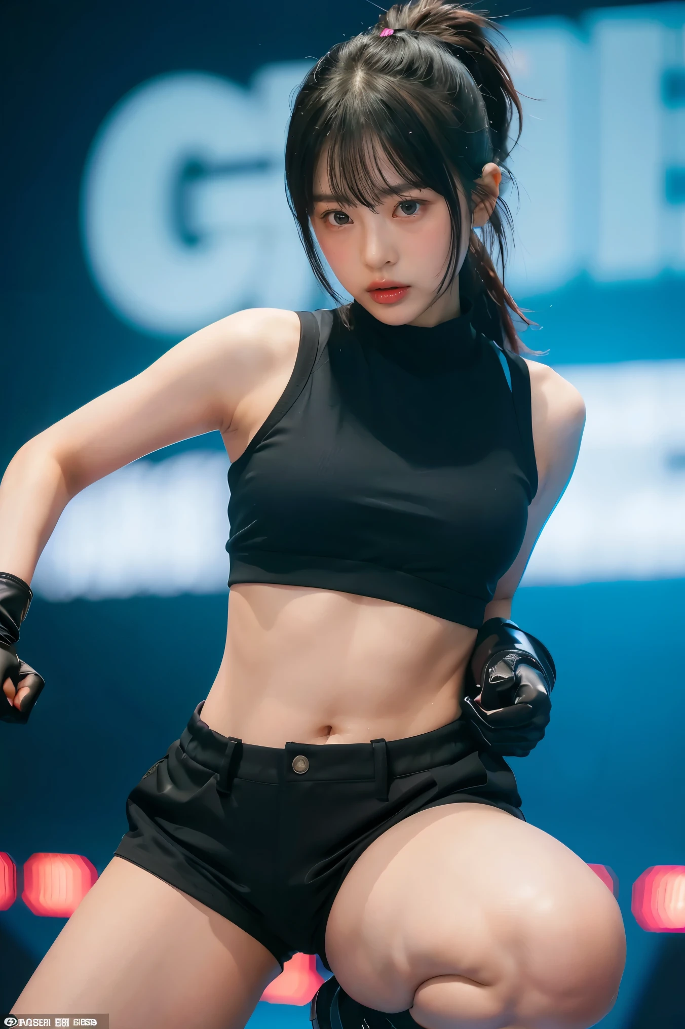 (Very realistic), (Highest quality), ((round, small and precise face)), Glowing Skin, Shiny skin,Wide Hips,Woman with a small waist 1,Yokozaki beauty々,black gloves,watch,Iris,short Shorts,black Shorts, Short boots, gloves, ponytail,Jacket,Shorts, Black Hair,long hair,Big Breasts,Adult women,Lots of bangs,Serious expression,Fighting figure,Sweating