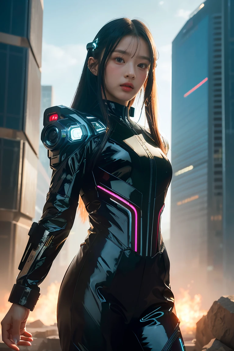 ((masterpiece, best quality, extremely detailed), volumetric lighting, ambient occlusion, colorful, glowing), 1girl, solo, young girl, (dark hair), long hair, halo, aura, sacred, godness, cyber suit, (black outfit:1.3), android, bot, cybernetic wings, outdoors, sunset, sky, clouds, space, (cyberpunk theme:1.2),