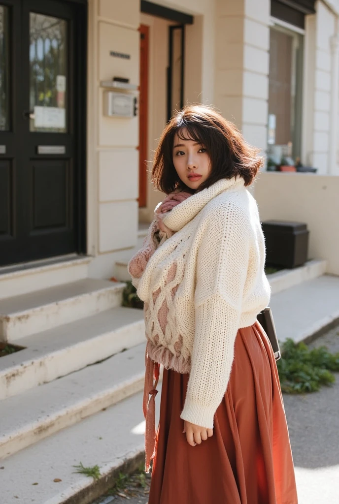 Autumn street corner、 Embarrassing 、((casual knitted sweater with long skirt:1.5))、((Big scarf))、 short hair、Hesitation、((28 years old))、( very detailedな肌)、( super high resolution :1.0)、( real:1.0)、( very detailed:1.0)、(8k、 RAW photos :1.1)、(Big Breasts)、Brown Hair、(One person:1.5)、 best smile