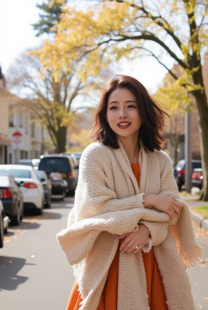 Autumn street corner、 Embarrassing 、((casual knitted sweater with long skirt:1.5))、((Big scarf))、 short hair、Hesitation、((28 years old))、( very detailedな肌)、( super high resolution :1.0)、( real:1.0)、( very detailed:1.0)、(8k、 RAW photos :1.1)、(Big Breasts)、Brown Hair、(One person:1.5)、 best smile