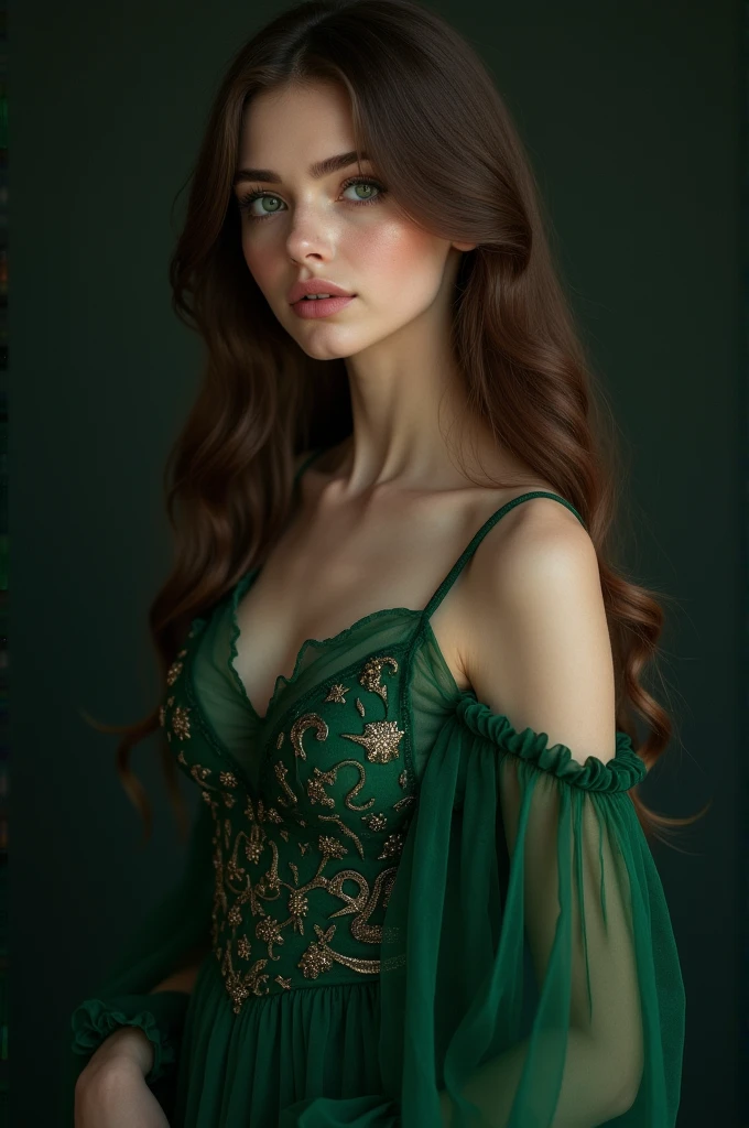 smooth brown hair with a natural wave, flowing over her shoulders, defining features include almond-shaped green eyes framed by well-defined eyebrows and long lashes woman in her Slytherin darkr dress 