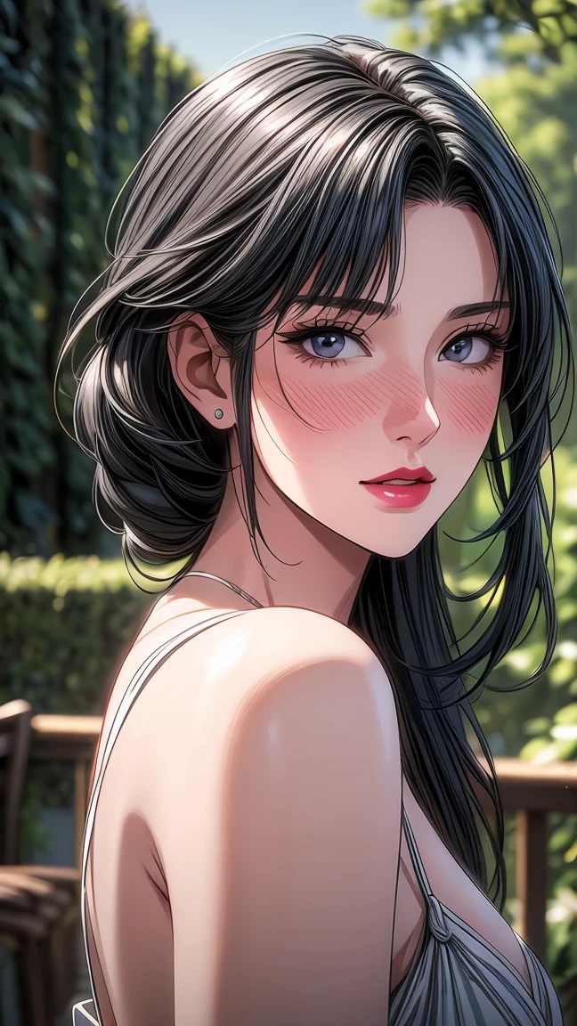 girl in the garden,detailed and beautiful eyes,detailed eyes､beautiful detailed lips,very Detailed eyes and face,black eyes､long eyelashes,figure,Super detailed,最high quality,4K,8k,High resolution,masterpiece:1.2,Ultra-fine painting,sharp focus,Professional,Bright colors,Portrait､sexy､masterpiece, 最high quality, high quality, High resolution､cinematic lighting､