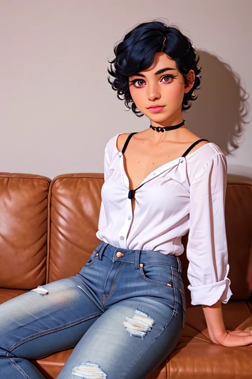 masterpiece, best quality, absurd res, character focus, sharp focus, character enhance, highly detailed facial features, highly detailed eyes, intricately detailed, beautiful, alluring, charming, cute, adorable, perfect face, very long hair, BREAK, 1girl, solo, RileyFairfeather, <lora:Riley_Fairfeather_gc_v4:0.8>, extremely short black and blue hair, purple eyes, torso shot, (cute, adorable, 19 year old, sitting on a couch, (wearing a white spaghetti strap shirt and blue jeans)), (upright, sitting, centered),