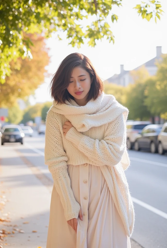 Autumn street corner、 Embarrassing 、((casual knitted sweater with long skirt:1.5))、((Big scarf))、 short hair、Hesitation、((28 years old))、( very detailedな肌)、( super high resolution :1.0)、( real:1.0)、( very detailed:1.0)、(8k、 RAW photos :1.1)、(Big Breasts)、Brown Hair、(One person:1.5)、 best smile