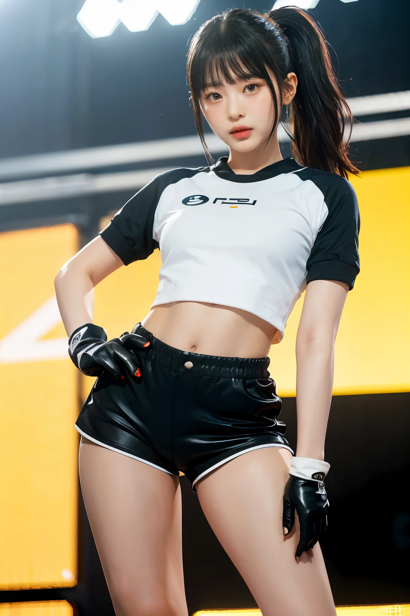 (Very realistic), (Highest quality), ((round, small and precise face)), Glowing Skin, Shiny skin,Wide Hips,Woman with a small waist 1,Yokozaki beauty々,black gloves,watch,Iris,short Shorts,black Shorts, Short boots, gloves, ponytail,Jacket,Shorts, Black Hair,long hair,Big Breasts,Adult women,Lots of bangs,Serious expression,Fighting figure,Sweating