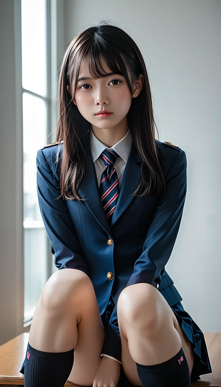  top quality,masterpiece,  Ultra High Resolution ,( photorealistic:1.4), RAW photos ,( real skin texture deep into the night:1.3),( Film Grains :1.3)A  beautiful Japanese girl, Picture of a beautiful Japanese idol  ( beautiful:1.1), super high resolution ,Ultra-high definition,,I'm wearing a skirt and knee-high socks, JK uniform,  japanese school uniform, Japanese girls uniform, Dressed as a  High School Girls ,  girl in uniform ,  High School Girls ,  Girl in Suit 