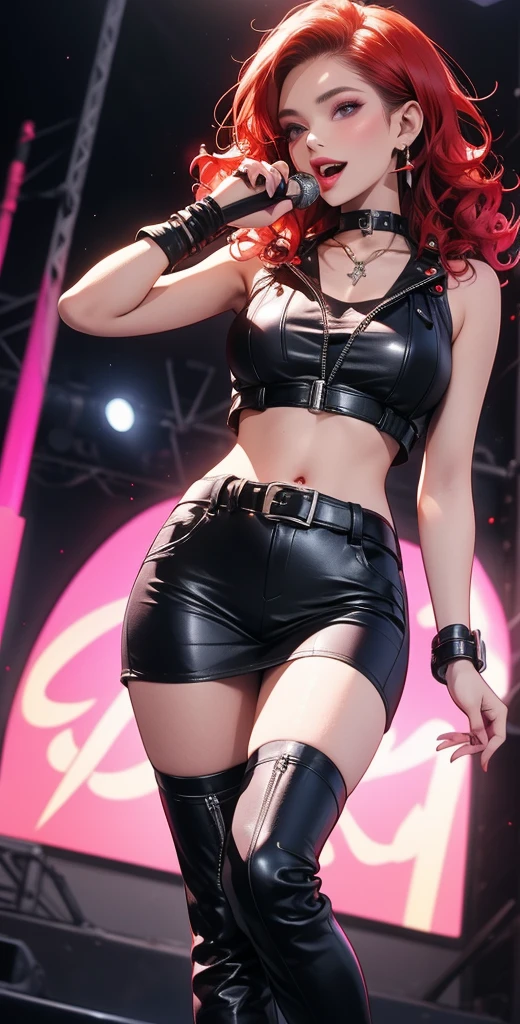  high definition ,  better quality ,  high detail ,  high quality, full length ,full frame, Full-length girl, long hair ,  red hair,  Natural curls, curls, Breasts, earrings,  purple eyes , makeup, scarlet lips, leather pants,Leather short top ,leather boots,Scene, sings,rock concert