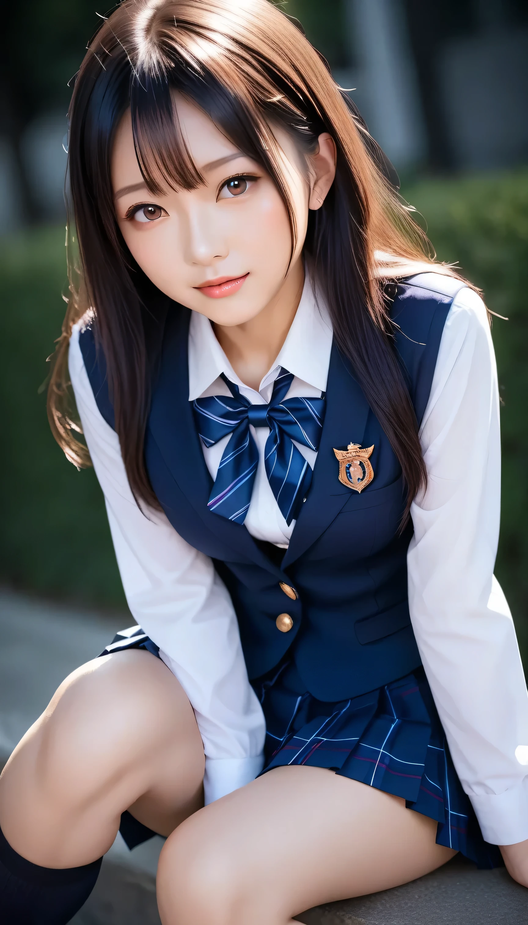 top quality,masterpiece, Ultra High Resolution ,( photorealistic:1.4), RAW photos ,( real skin texture deep into the night:1.3),( Film Grains :1.3)A beautiful Japanese girl, Picture of a beautiful Japanese idol ( beautiful:1.1), super high resolution ,Ultra-high definition,,I'm wearing a skirt and knee-high socks, JK uniform, japanese school uniform, Japanese girls uniform, Dressed as a High School Girls , girl in uniform , High School Girls , Girl in Suit