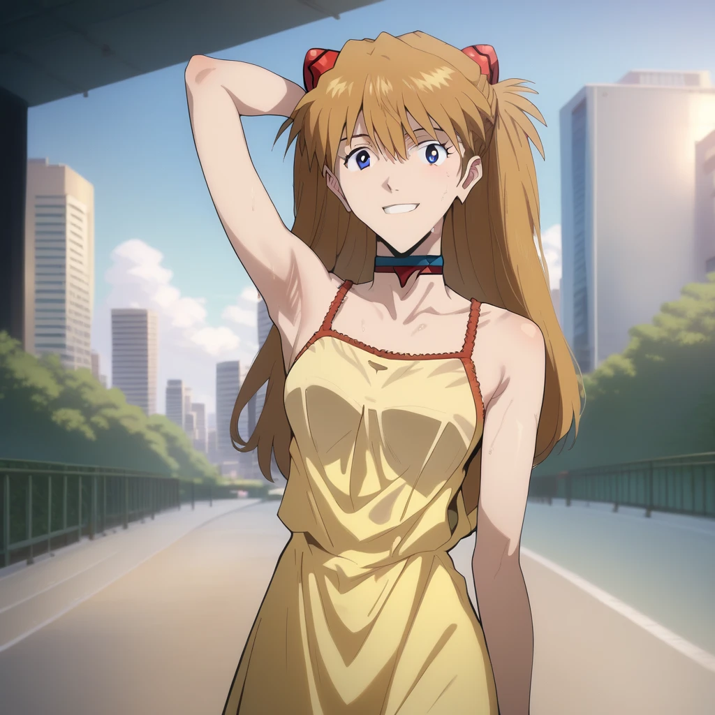 score_9, score_8_up, score_7_up, source_anime, official_style, asuka langley, 1girl, looking at viewer, solo, smile, choker, sundress, yellow dress, outdoors, city, day, hand behind head, showing off armpit, sweat all over, a little hair in armpit, in the city park