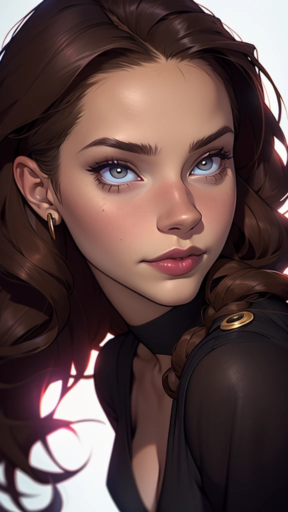 ((Masterpiece)), ((Best Quality)), ), the scene has perfect lightinglit, ((soft light, backlighting): 1.0), low view, (low view)1.3).A girl, ((Perfect Skin) ), her skin is clear and tan, looking healthy, ((Perfect Skin): 1.2), ((Almond Eyes: 1.0), (Perfect Hair), (Long and Curly Hair, light brown hair), show the bust, perfect skin, perfect face, ((Ironic Expression, Sarcastic Smile)), ((Seductive Look)), ((Mysterious, Scary, and Inviting Look at the Same Time): 1.2), ((Seductive Look): 1.0). She is known as Vendettendetta, a former agent, genetically created to be a skilled secret agent in all espionage strategies, decided to rebel and lives to hunt her creators.