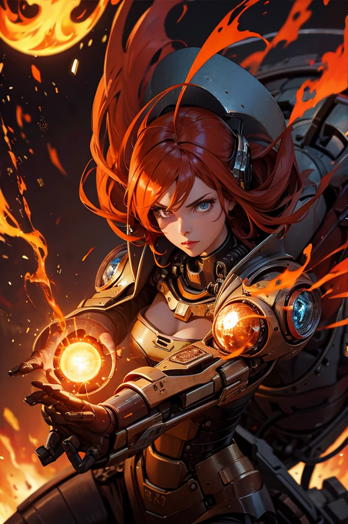 1girl, solo, masterpiece, best quality, 8k, detailed skin texture, detailed polished metal textures, light reflections off of metal surfaces, highly-detailed eyes, extremely detailed face, intricately detailed auburn hair, ultra-detailed mecha exoskeleton, beautifully detailed body, insanely detailed background, bold colors, A stunningly beautiful, extremely fit girl, with a long braided ponytail, wearing full body mechanized body armor is firing two hand cannons. (((Streaks of bright red and orange are coming out of the barrels of both weapons))):1.5 (((along with fire and smoke from the bullets exiting the guns at high velocity))). (She has large bright blue eyes):1.4, (a button nose, perfectly shaped lips):1.2, and (immaculate, flawless, brilliant-white teeth):1.15, ((gritted in determination as she battles her enemies)). (She has a lean waist, an extremely toned midriff, slender thighs, slim calves, and flawless large breasts):1.42, (there are laser bolts and explosions all around her):1.4, and the scene is very (chaotic:1.3), (((detailed line work and delicate, flowing brushstrokes))), giving the art a dreamlike and ethereal quality, the art style is heavily influenced by (traditional Japanese art and calligraphy, as well as Art Nouveau and Surrealism, with intricate patterns, decorative details):1.2, (motifs from nature such as predators, lightning, and fire):1.3. (featuring vivid shades of red, blue, green, and purple, also using silver and gold metallic accents):1.4 (cinematic movie still, masterpiece, best quality, absurd resolution, 8k, Monte Carlo Ray Tracing:1.2, path traced subsurface scattering):1.4, (((HDR, UHD, volumetric lighting, Unreal Engine 5, Unity Engine, Blender, octane render))), (exquisite subject composition and use of lighting:1.4, exceptional, award-winning shading:1.4, sharp focus:1.35, top angle, full body shot, photorealistic):1.4