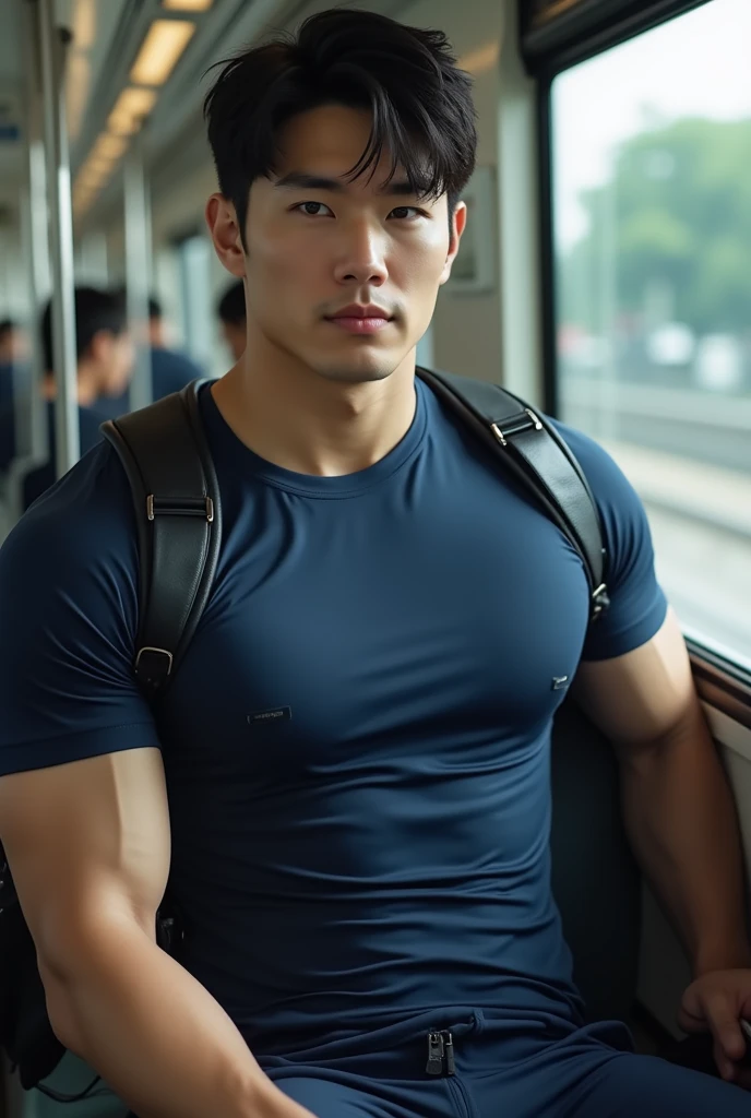 1 man, smile, full body, (Wearing a sexy bikini underwear), standing, lifted arms, Korean people , korean men, (high glossy details), chest muscles, large arm muscles, blood vessel, big muscles, Broad shoulders, looking at the audience, Balancing the eyes, (Wear glasses), (Backpack), The background is a train station.