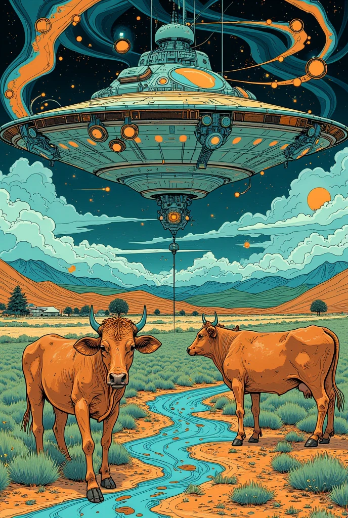 Cows in front of a flying saucer、Ranch、 psychedelic、 Space LSD Poster Art 、cosmic horror、Trippy Art、Terraforming、Acid trip、