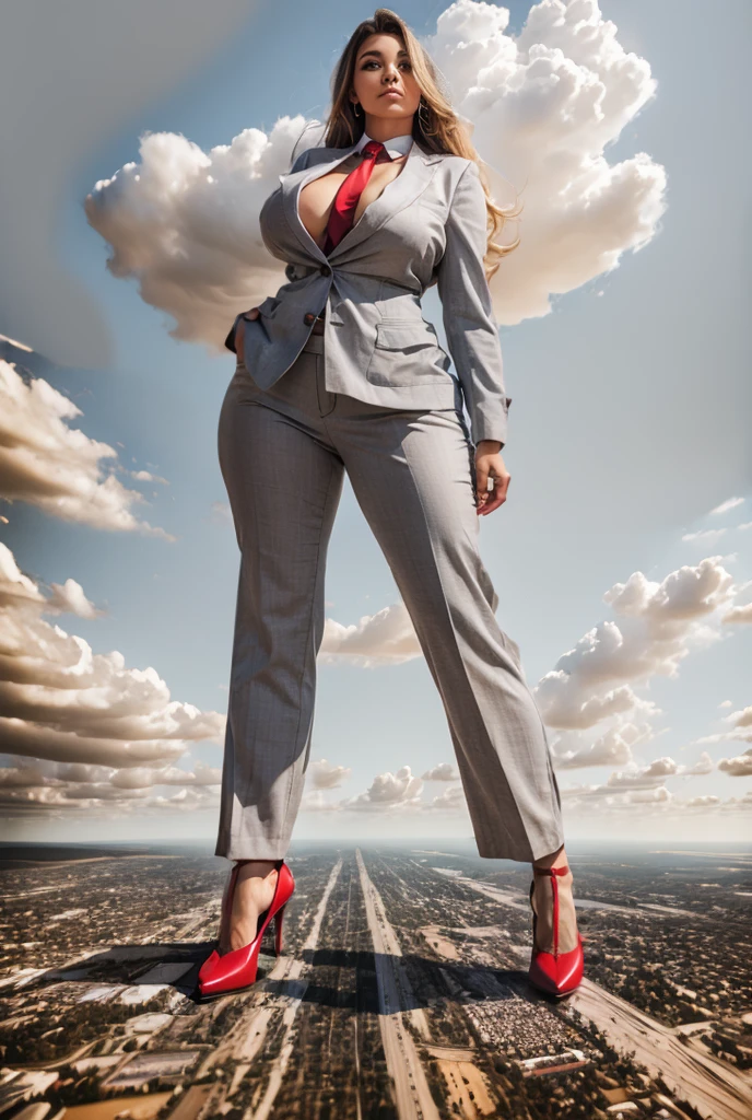 Giantess art, giga giantess 1.4, sophisticated and stylish woman in a light grey italian pinstriped trouser suit, form fitting crisp white office shirt, and a large wide red necktie in a windsor knot, with a beautiful, curvaceous figure, large natural breasts, and long wavey blonde hair, with a curvaceous figure and massive breasts. wearing red rounded court high heels with uncovered feet and standing, rampage-like pose, with a cityscape background of mega-city, urban sprawl, and small towns, partially obscured by a hazy, cloudy atmosphere. The image is a high-resolution, masterpiece-quality, cinematic, ultra-detailed, and hyper-photorealistic photograph, with perfect hands, face, and lighting. ultra-detailed, 8K, photo-realistic, hyper-realistic, masterpiece, intricate details, full body view. Looking at camera, The image is a high-resolution, masterpiece-quality, cinematic, ultra-detailed, and hyper-photorealistic photograph, with perfect hands, face, and lighting. ultra-detailed, 8K, photo-realistic, hyper-realistic, masterpiece, intricate details, full body view, view from below