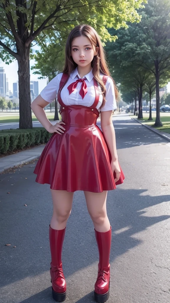 full body , fitted figure , cute beautiful schoogirl, beautiful cute curvy teen face with big lips , High Waisted red leather skater pinafore dress, blouse short puffy sleeves , High Waisted red leather skater pinafore dress, red pioneer neckerchief , brunette long hair, Beautiful eyes. stockings, thick platform shoes, a girl stands in the futuristic park against the backdrop of a futuristic city, flying vehicles in the sky, Curvy fitted legs, green leaves on the trees, photorealistic, Full body, red pioneer neckerchief