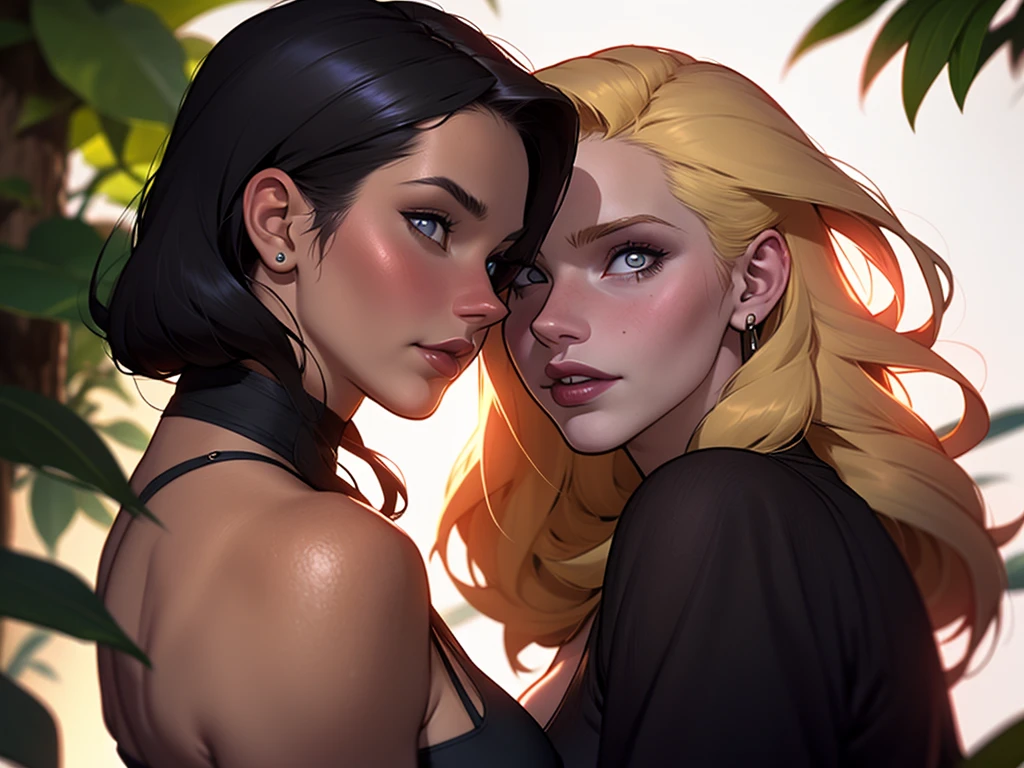 Characters Na Ritchie Black Hair Style Morticia Addams Cartoon Female Image .cartoon style illustration, Cartoon art style, Cartoon art style, Digital illustration style, Highly detailed character designs, Digital Art Details, City Fan Art, Portrait design, Beautiful digital illustration, High quality portrait, Comic Art, young man expressing sexual desire. Beautiful round breasts,a happy expression ,Extra large breasts,two,One is a hot blonde,One is a mom,