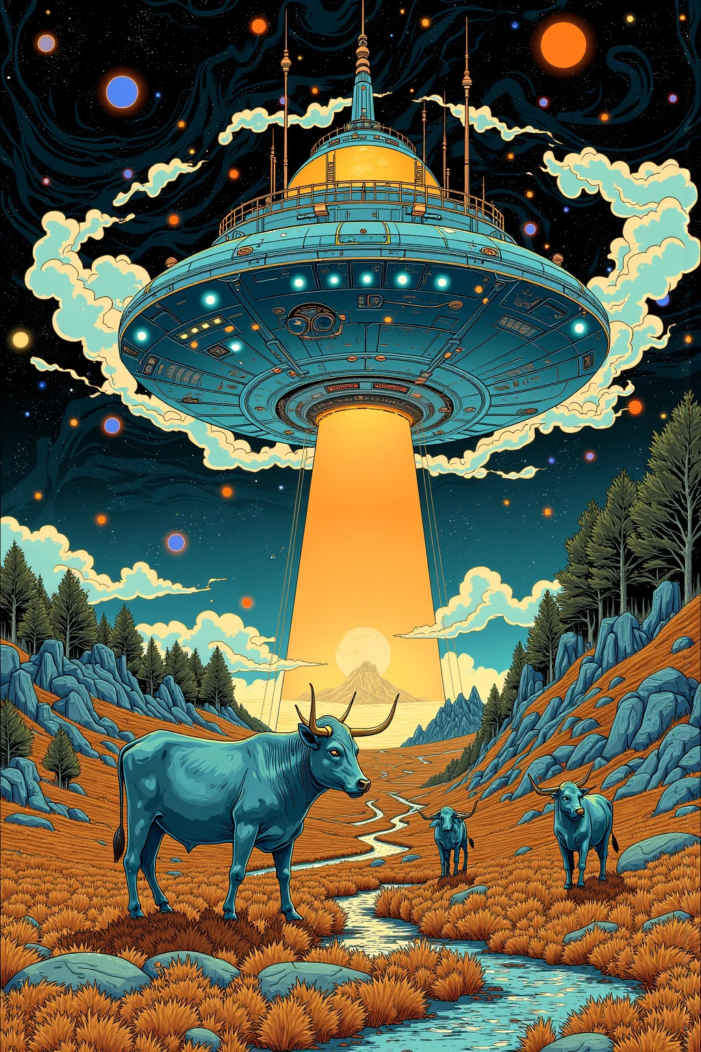 Cows in front of a flying saucer、Ranch、 psychedelic、 Space LSD Poster Art 、cosmic horror、Trippy Art、Terraforming、Acid trip、