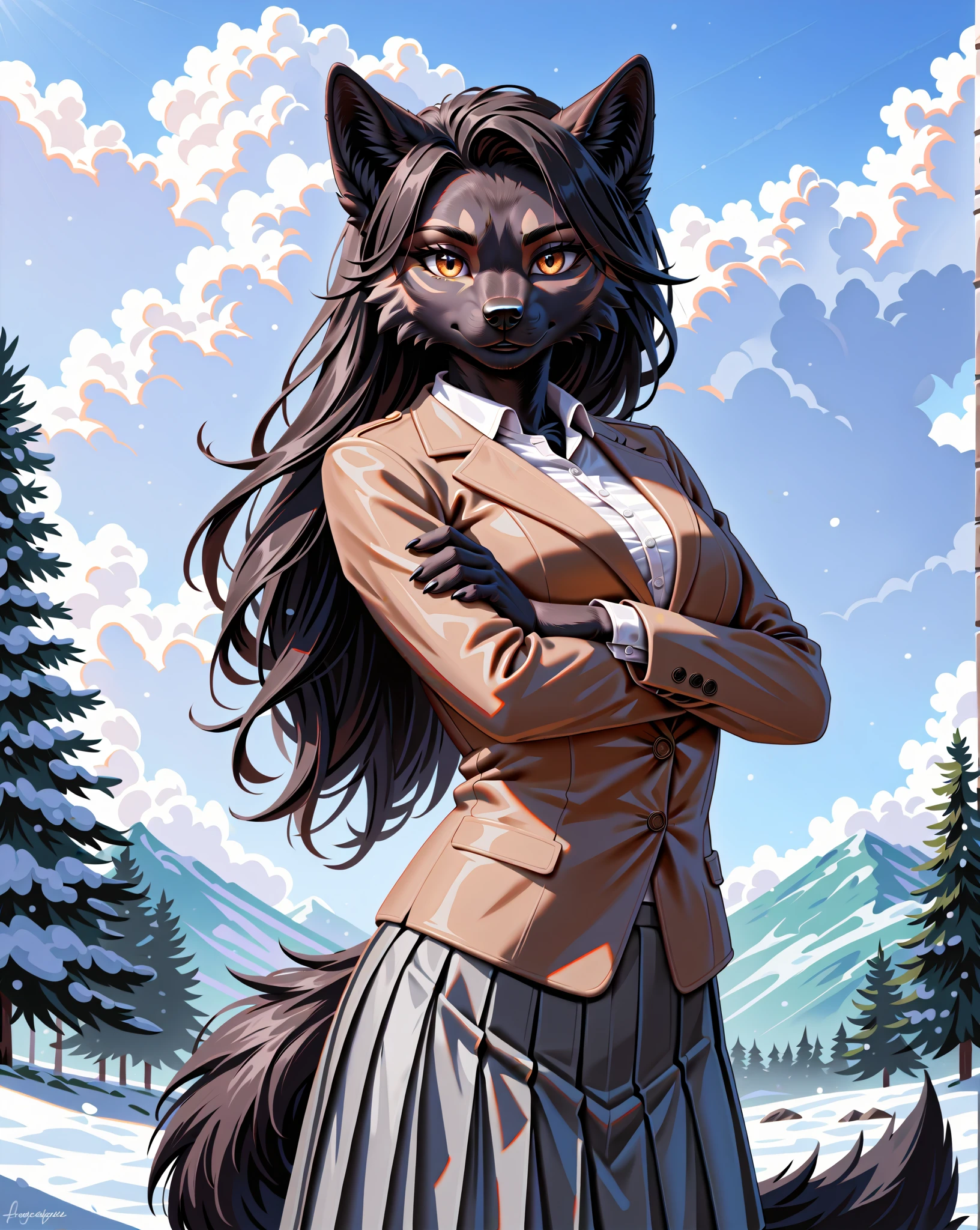 score_9, score_8_up, score_7_up, score_6_up, score_5_up, score_4_up, (detailed face and eyes:1.35), (solo, 1 female wolf anthro:1.5), (whole body black fur:1.5), (fluffy fur:1.35), (realistic:1.25), (beautiful, cool, boyish, dignified, earnest:1.35), (tall:1.2), (long black hair, straight hair:1.25), (slant eyes:1.15), (at school gate:1.25), (school uniform, brown blazer, white shirt, gray skirt:1.25), (staring at viewer, crossed arms:1.25)