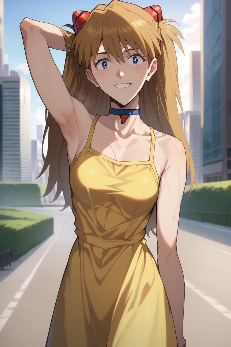 score_9, score_8_up, score_7_up, source_anime, official_style, asuka langley, 1girl, looking at viewer, solo, smile, choker, sundress, yellow dress, outdoors, city, day, hand behind head, showing off armpit, sweat all over, a little hair in armpit, in the city park