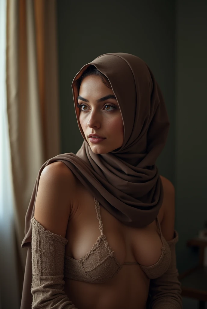 An indonesian young woman wearig hijab nude, selvie portrait style hyper realistic
