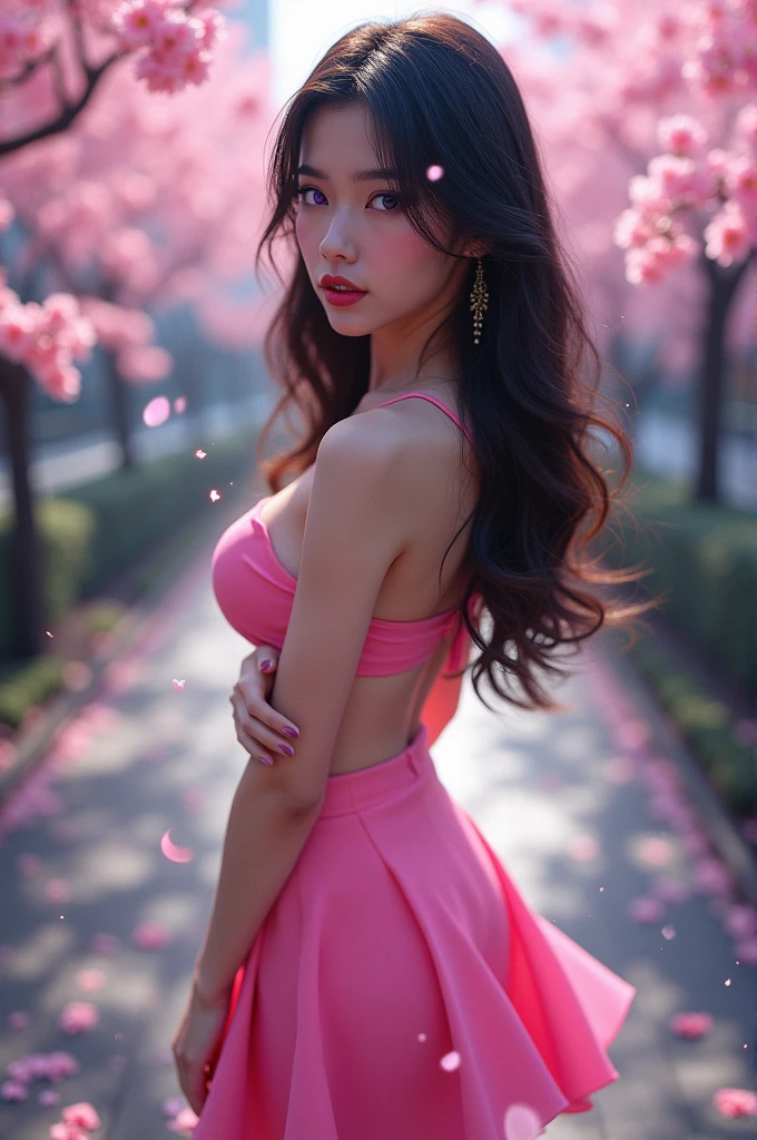 a close up of a woman in a dress with flowers in her hair, pink petals fly, jingna zhang, beautiful south korean woman, fan bingbing, perky woman made of petals, pink and red color style, ross tran 8 k, pink and red colors, pink petals, chinese girl, fantasy beautiful, ethereal beauty, dressed in a pink dress, ((volumetric llighting, hard shadow, backlight))