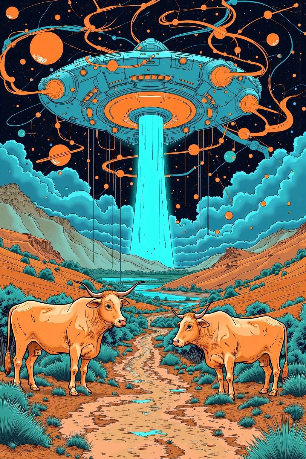 Cows in front of a flying saucer、Ranch、 psychedelic、 Space LSD Poster Art 、cosmic horror、Trippy Art、Terraforming、Acid trip、