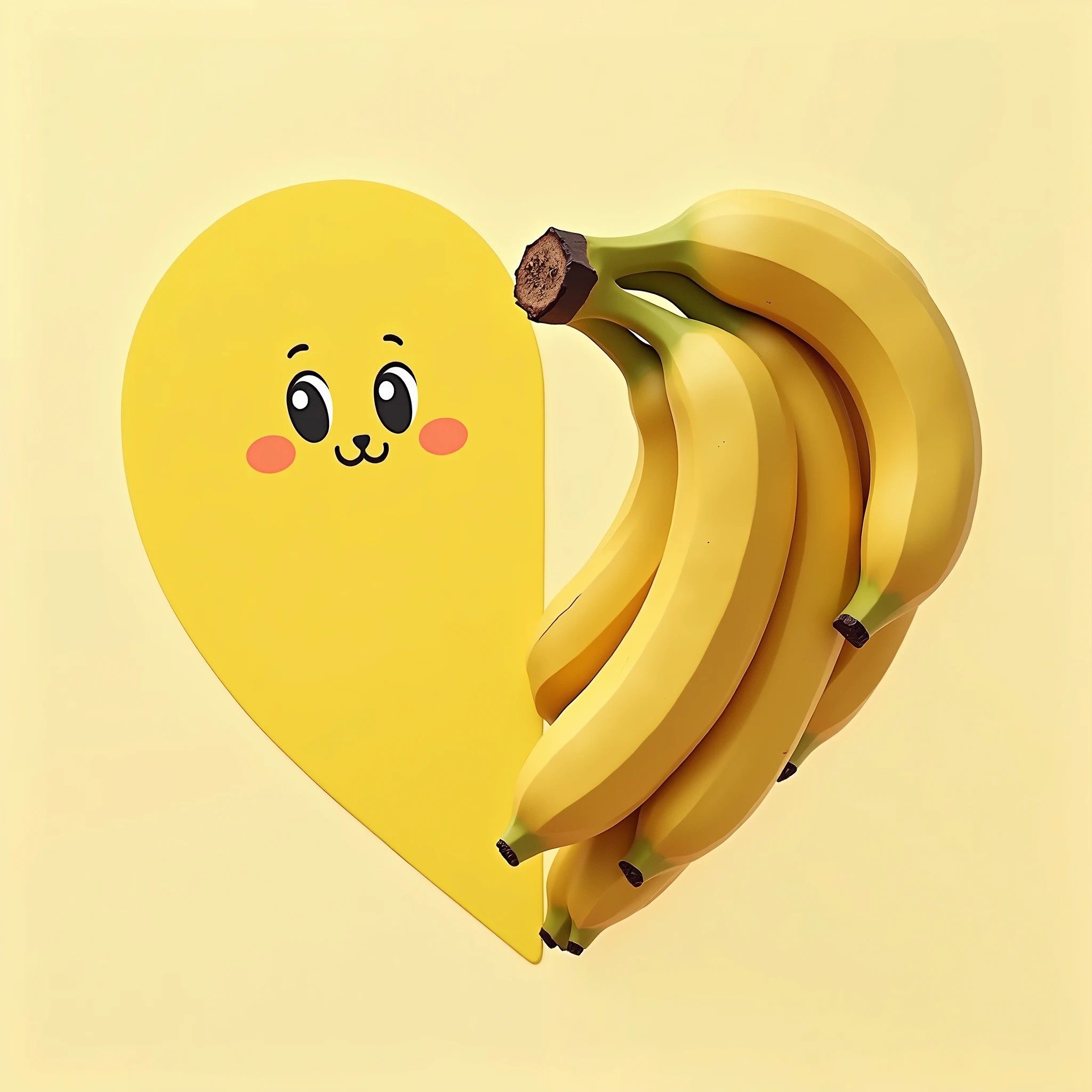  left side\(minimal style、cute、 simple illustration\) 、right side\(realism 、realistic photo, Vivid Colors、Ultra delicate、 best quality\),Heart mark drawn with symmetrically placed bananas\(The gap between a simple illustrated banana and a real banana\)