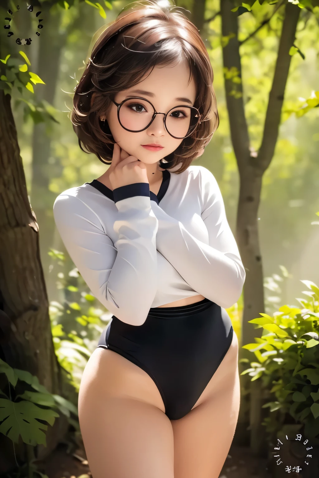 (masterpiece, highest quality), 1 girl, beautiful face, beautiful body,  wearing a Black gymnastics bloomers, High leg、white blouse,    cowboy shot、Are standing、full body portrait、alone, complex details, enlarged textures, complex details, finely detailed eyes and detailed face, intricate details, (closed mouth), perfect eyes, equal eyes, perfect body, extremely detailed, (), extremely realistic 3d,In a dark forest、Glasses