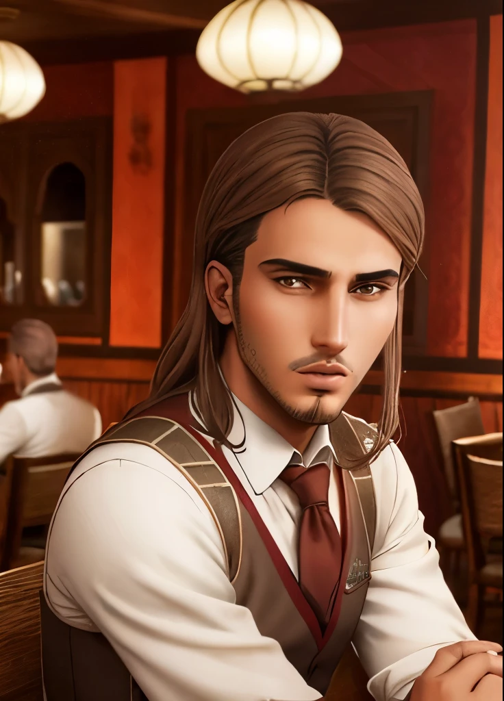 ( best quality ), ( Moroccan masterpiece ), (Alone), Jean_Kirstein,  brown hair, yeux bruns, thatch, costume, cravate rouge, restaurant, 
