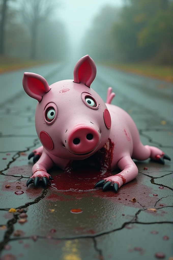 A pink rubber pig with intestines, stabbed with a knife. Vomit is flowing from the mouth. He is lying in the mud. He is crying, next to him is a sandwich with bacon and hooves