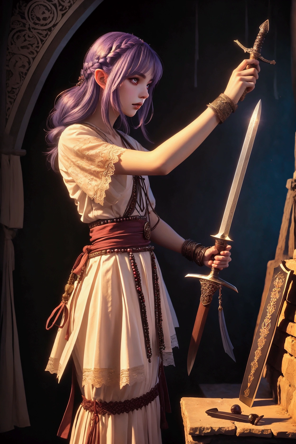 (Ultra-detailed face, Looking away, Fantasy Illustration with Gothic, Esthetic, Decadent. Dark tone colors. The sword smith's workshop, minus the perspective.), BREAK 
(A world of fairies. A sword smithy built of white weathered stone in the medieval Northern European style of the Valley of the Long Night, frozen white. In the sword smith's workshop, bright red burning coke, fueled by a bellows, spews flames through the cracks of the furnace. In the workshop, a strong, muscular dwarven sword smith holds down the bright red burning iron on the anvil with iron scissors and strikes it single-mindedly with a tinder hammer in his other hand.), BREAK 
(The female Eladrin swordswoman stands in the swordsmith's workshop, holding a long sword with a thin, slightly warped blade, carved with a dragon relief and a Gothic-style tsuba and hilt, the blade pointing toward the ceiling, one hand gripping the hilt, the fingers of her other hand touching the relief. She has an enraptured look on her cheeks as she looks at the long sword as if she were looking at her lover.), BREAK 
(The young female Eladrin swordsman has honey-colored hair and eyebrows, blunt bangs, waist-length flowing hair, pupil-less eyes glowing purple, small pink lips, light skin tone, and dark, thick eyeliner.), BREAK 
(The female Eladrin swordswoman wears a fairy motif hair ornament and a mini lace-up dress made of layers of deep blue organdy fabric with traditional 15th-century Northern European-style ruffles and lace. She wears a pareo with rainbow-colored beads woven into it around her waist and an archaic Arabian-style dagger in her sash. She wears braided sandals decorated with beads.)