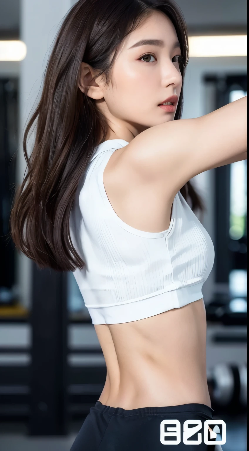 (perfect bodies: 1.1),(Extremely meticulous CG 8k wallpaper),(Extremely refined and beautiful),(masterpiece:2.0),(best qualtiy:2.0),(Ultra High Resolution:2.0),upper body，[A high resolution],a girl,small head,small face,happy,smile,(Smooth and flawless fair skin:1.5),(shiny skin:1.5),ultra-detailed,Elongated legs,(Small breasts:1.1),Flat chest,Slim,thin,(white yoga tank top and white shorts:1.5),At home,in living room,Gym decoration style,Teal background,Yellow curtains,TV on the wall,Close shot,midday sunlight,(standing:1.2),(close eyes:1.5),(open mouth:1.2) ,(female orgasmic:1.5), (blush:1.3),(self-hugging:1.3),meditating,(from back:1.5),(short pony tail:1.2),cowboy shot,(sweat:1.5),(close-up of hips:1.3),(focus on hips:1.2),dirty atmosphere,(The garbage on the ground is piled up like a mountain:1.5)