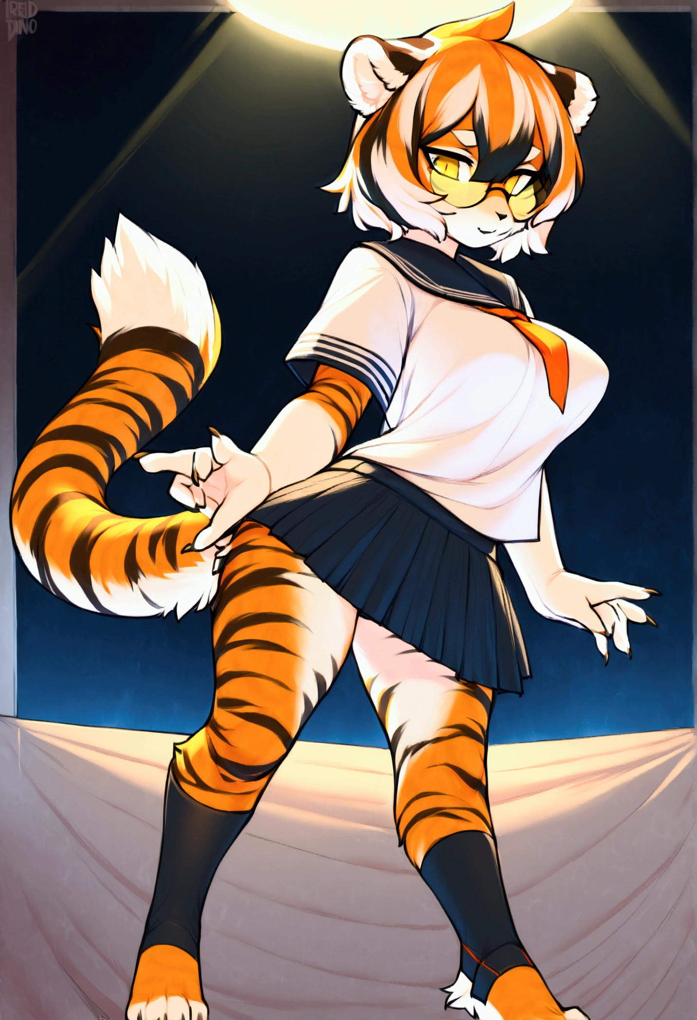 (top quality, best quality, Iriedono, High-quality illustrations, masterpiece, perfect artwork, cinematic light and shading, 16k, 1080p, uploaded on e621)(kemono, furry, anthro, alone), 1 larger female, (very detailed body, face, tail, arms, hands, legs, head and eyes), tiger, Waai Fu, (Arknights), womb tattoo on body, big breasts, fur, fluffy, tiger ears, tiger fluffy tail, tiger cute hair, perfect eyes, yellow eyes, black pupils, wearing glasses, beautiful japanese school uniform, night, body movement, body twitching, jiggle physics, dancing, trying to flirt