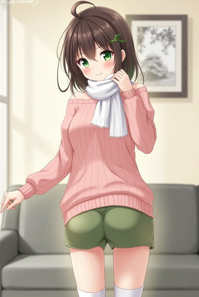 beanie, long hair, brown hair, green eyes, detailed eyes, beautiful eyes,  pink scarf, pink skirt, pink boots, body shape, chubby thighs, down blouse,metallic mirror, daisy,