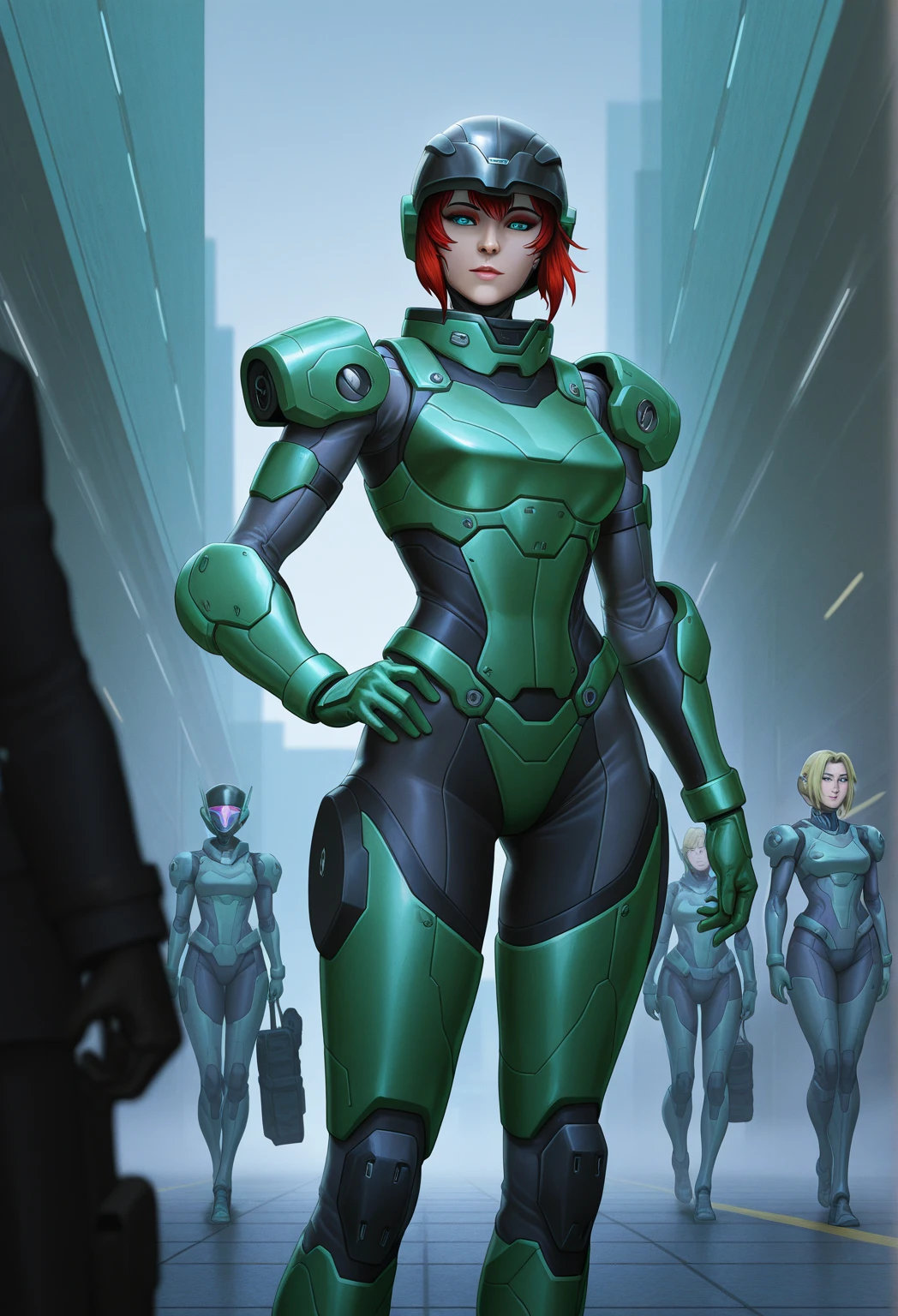  a woman in a green outfit with a black helmet and green gloves, evaluating character,  Stanley Artgerm Lau , epic science-fiction character  art, arte épica de science-fiction character ,  epic science-fiction character art , wise ( evaluating ), steven artgerm lau, android heroine, female pike, green armor, science-fiction character , dressed in stealth armor 