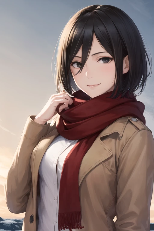 (best quality,highres,masterpiece:1.2), realistic,hmmikasa, black eyes, short hair, red scarf, 
calm smile,wearing latest winter fashion,looking at viewer,focus face,shopping, (mikasa_ackerman_v1:0.7), 