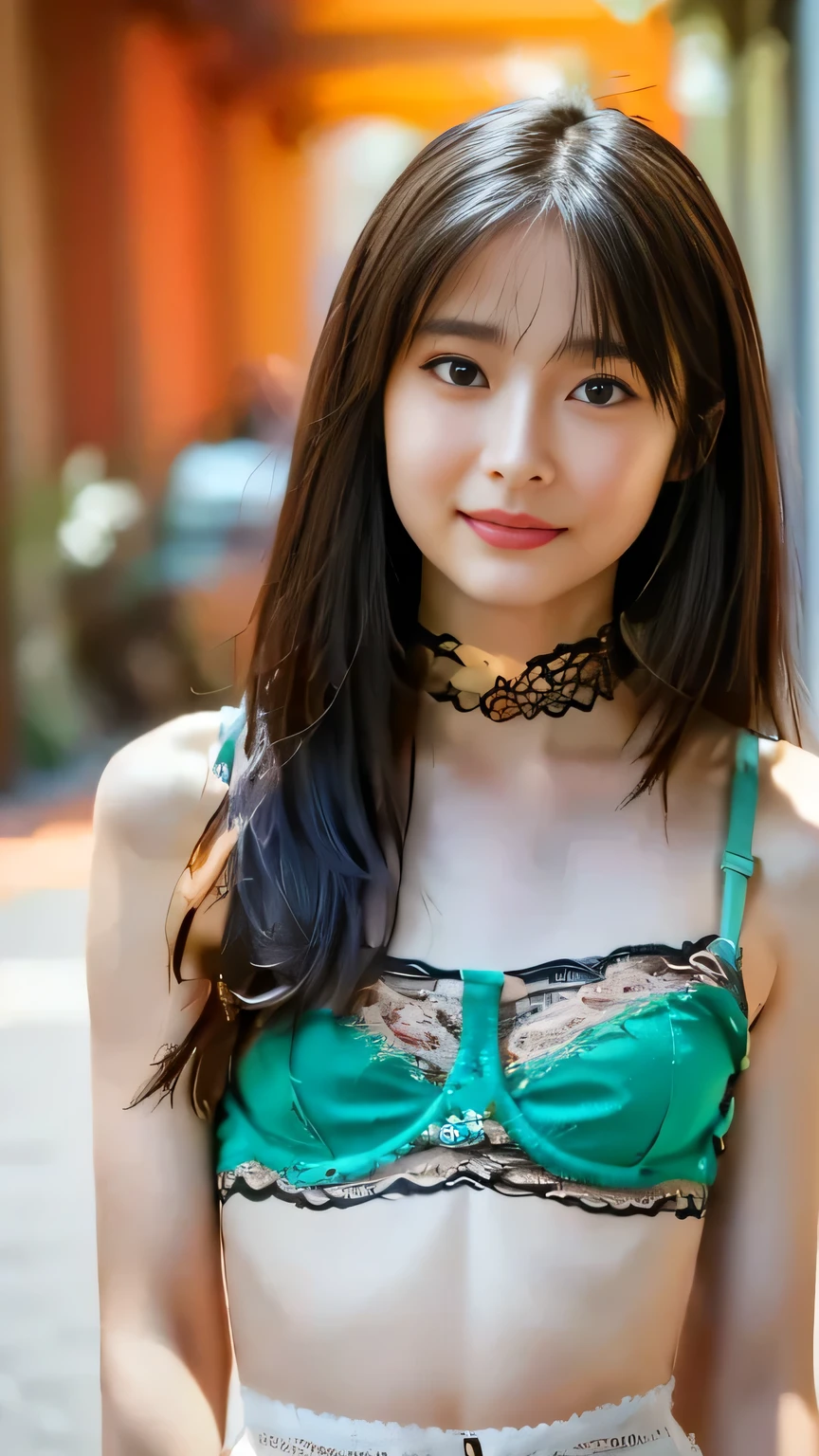 (masterpiece,  top quality:1.2),( realistic ,photo- realistic :1.4),   high definition  ,   Intricate Details ,  very detailed depiction ,{{Alone,18 year old Japanese female idol:smile}} ,,{{(red close,  choker ,  transparent lace bra top camisole top,Thighs丈:1.5)}},,(   straight hair , short bang :1.5),(  flat chested,  small :1.6),( slender body ,  Slim Body with No Arms , prominent muscular ribs  ,  small ass,  thin waist,Thin legs,Thin legs,Thighs:1.2),(  detailed face  :1.2),  detailed eyes sitting on a coral reef ,  fine skin , blue-white skin,Photo Background, outdoor,In the alley,Daytime,sunny,In summer,