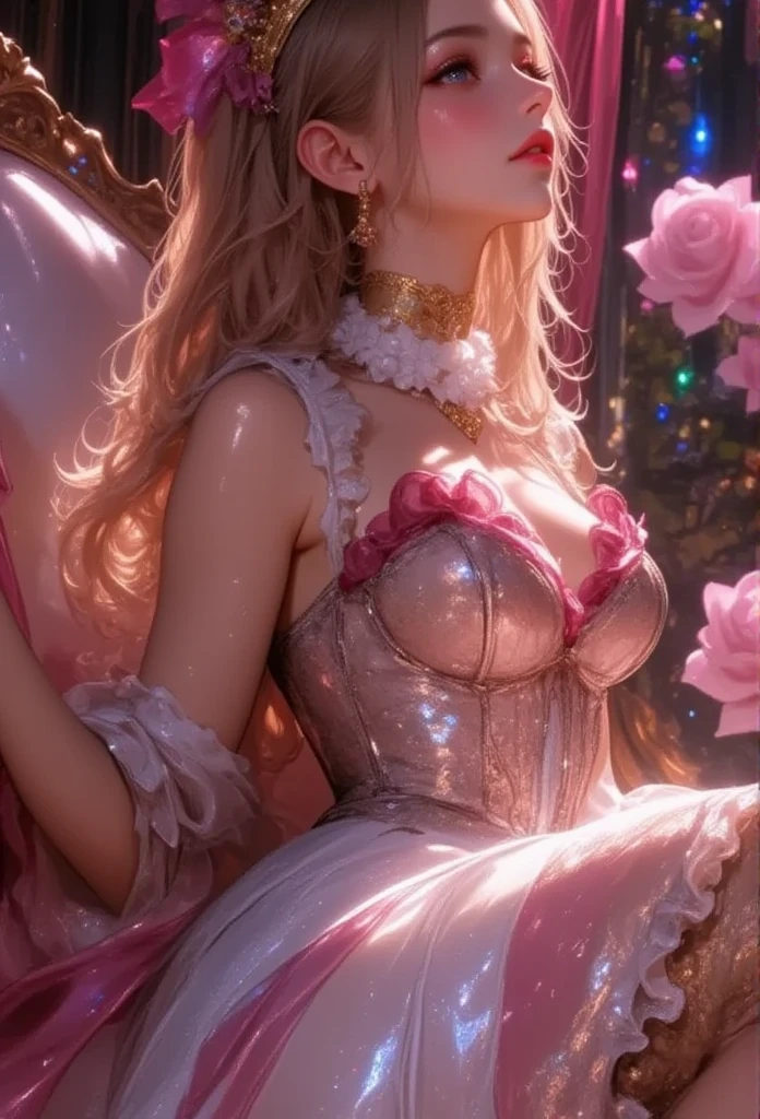 ((( shirtless in the lobby:2.5))), (( Plateau Peace  )),  Marie Antoinette  ,  Super detailed face ,fine grain,   Please open your mouth slightly, taken from below ,( blonde alone ),  long hair,  wavy hair , (((sheer silk dress:1.3))),Rococo Ruffle Dress, ((( Sexy Dress :1.3))),  dress for lying on a wooden boat has a long skirt ,  Baroque Dress  ,   intricate fantasy dress  , Beautiful ruffle dress ,   romantic dress,   Frill Costume  ,lottery, Data Style,  Formal wear, Fancy Fashion, palate colors include   pink and white,(  pink:1.5),Class A Smile,Gold Tiara,   necklace , sit in a luxurious chair,Hands on knees,(  rainbow light  :1.4),,  the side face of a person looking out of the window  ,  a rosebush is reflected in the window   ,(Inside Victoria Palace)、Her eyes are shining、 now her blonde alone's hair extends to her waist 、Rose-colored gradation and three, 薄い  pinkのロック. 彼女は花柄の装飾が施されたGold Tiaraを着用し、  Matching earrings    , white flower choker. 彼女は金色のボタンで縁取られたフリル付きの白いストライプの  pinkのトップを着ている, The white sleeves are in the shape of a bud  ..   with a magenta ribbon flowing out of her chest  ..、 At the back of her neck  、Matching chest piece, Decorated with flowers.  her frilly skirt is separated by a white line ,  Fastened with a large magenta ribbon 、Decorated with gold,   There is a small ribbon on the back  . Her mini skirt、薄い  pinkのマゼンタの貝殻状の裏地と白い花のペチコートでできている. 彼女は  pinkの花がついた白い手袋も着用している, 白と薄い  pinkの靴には、ゆるいカフとDecorated with flowersたマゼンタのリボンがある