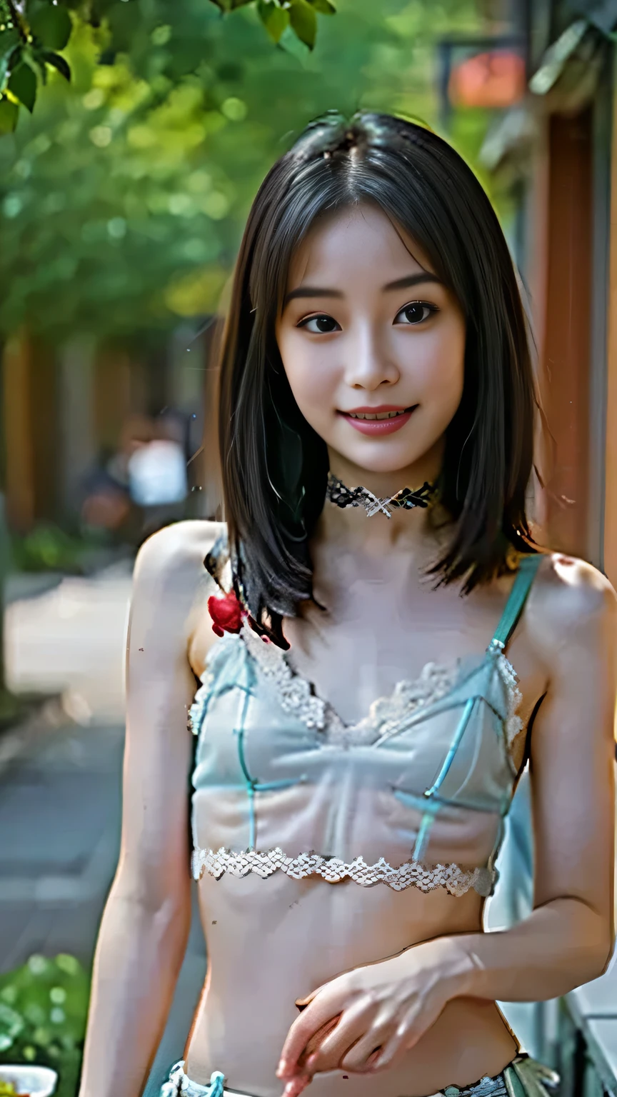 (masterpiece,  top quality:1.2),( realistic ,photo- realistic :1.4),   high definition  ,   Intricate Details ,  very detailed depiction ,{{Alone,18 year old Japanese female idol:smile}} ,,{{(red close,  choker ,  transparent lace bra top camisole top,Thighs丈:1.5)}},,(   straight hair , short bang :1.5),(  flat chested,  small :1.6),( slender body ,  Slim Body with No Arms , prominent muscular ribs  ,  small ass,  thin waist,Thin legs,Thin legs,Thighs:1.2),(  detailed face  :1.2),  detailed eyes sitting on a coral reef ,  fine skin , blue-white skin,Photo Background, outdoor,In the alley,Daytime,sunny,In summer,