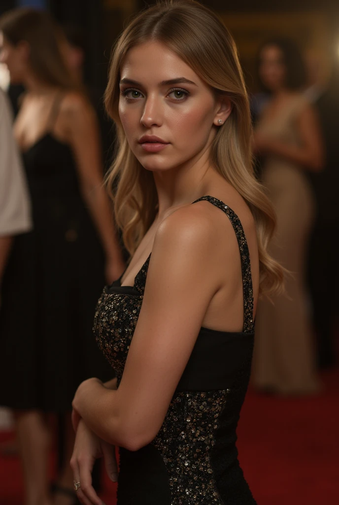 photo of miamelano-4200 , a woman as a movie star, modelshoot style, (extremely detailed CG unity 8k wallpaper), Intricate, High Detail, Sharp focus, dramatic,photorealistic painting art by midjourney and greg rutkowski , (waist chain), ((movie premiere gala)), ((standing on the red carpet)), ((paparazzi in the background)), (looking at viewer), (detailed pupils:1.2), (elegant black dress:1.3) dimly lit