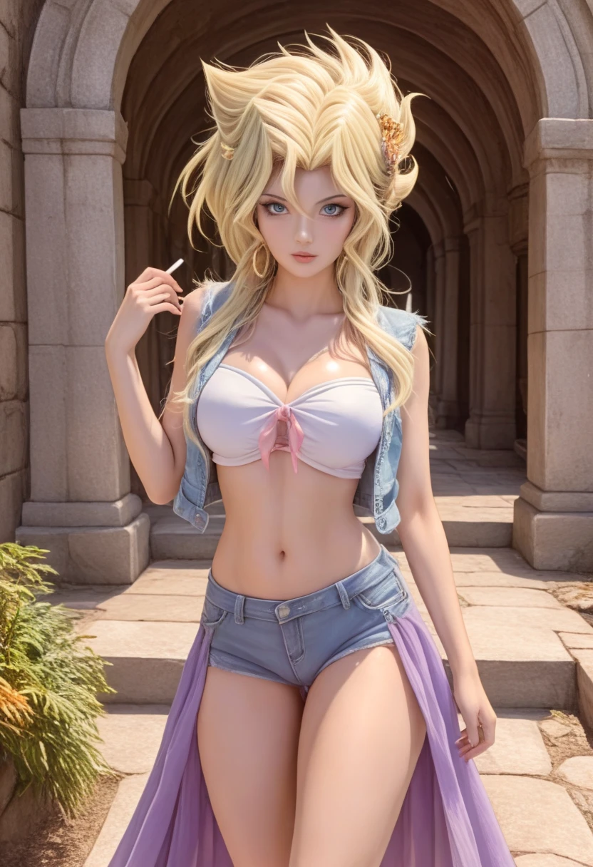 shallowdepthoffield，Long wavy，curled，Long waves，Long blonde hair，Purple pupils，Large breasts，(Denim vests do not wear underwear，Expose your chest，exposing your navel:1.5)，(Super short skirt:1.5)，sitting on the stone，The mountains and waters behind you are beautiful，Wide crotch，The photo contains the upper body and thighs，ellegance，womanly，carismatic，Red Jewel，Blush Eyeshadow，Pure desire，((legs crossed)), Dynamic angles and poses，dutch angle