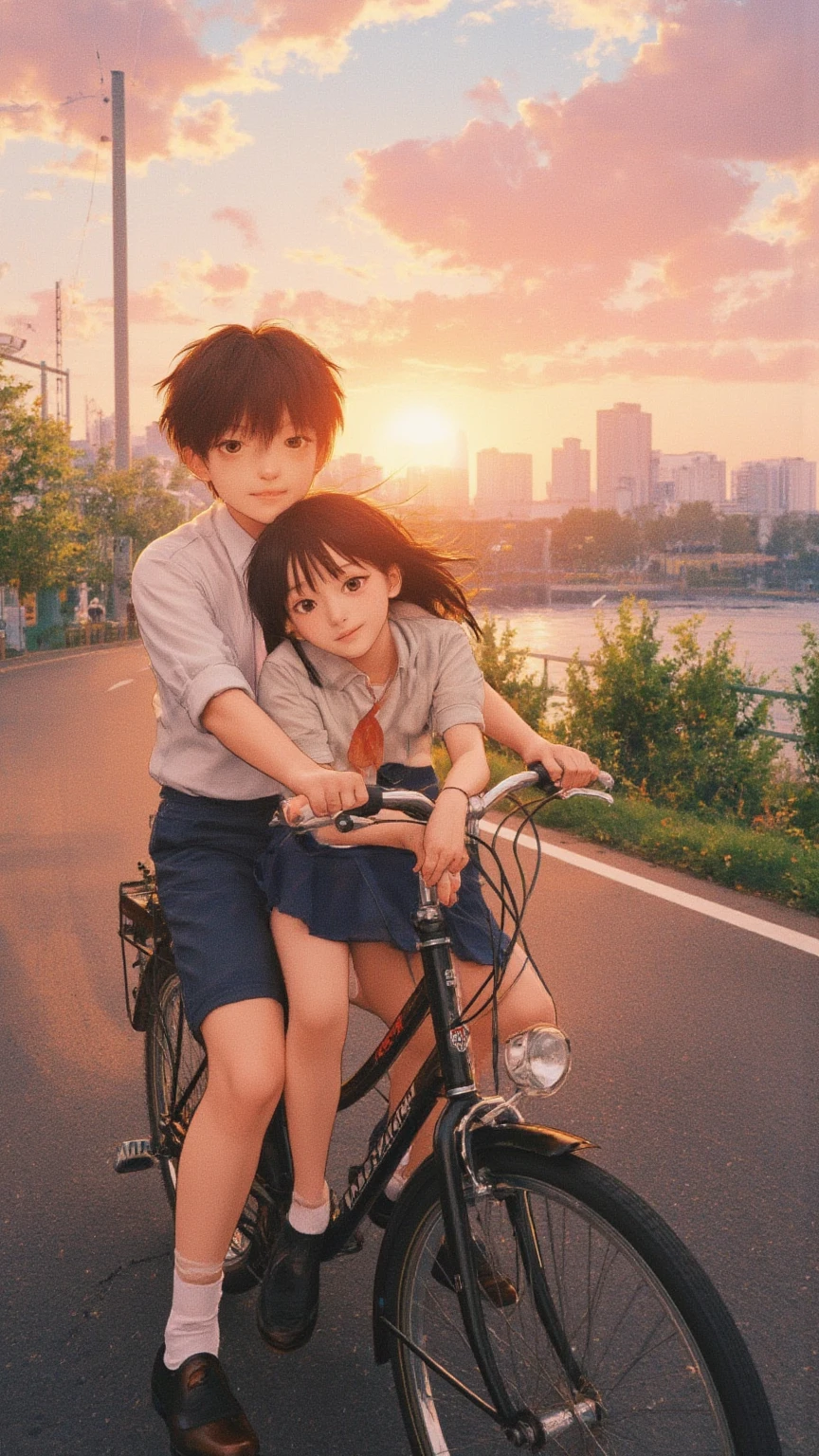 (Masterpiece, High Quality, High Definition, 4K, 8k, Detail, Animation Style) A vibrant and heartwarming scene of two high school students riding bicycles at sunset in summer. A boy in a uniform with his sleeves rolled up is cheerfully pedaling his bicycle. The girl sitting shyly on the rack behind him is holding onto the boy's stomach with her hands around his stomach, her hair blowing in the wind as she smiles warmly at him. The road they are riding on is a river bank road in the city, the sky glowing orange and pink with the setting sun. Soft shadows and highlights enhance the young, romantic atmosphere. High-definition cartoon-style illustrations with a nostalgic, warm feel.
