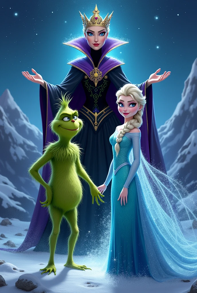 make a poster for the new year . topic: the grinch and elsa , and they are enchanted by the evil queen