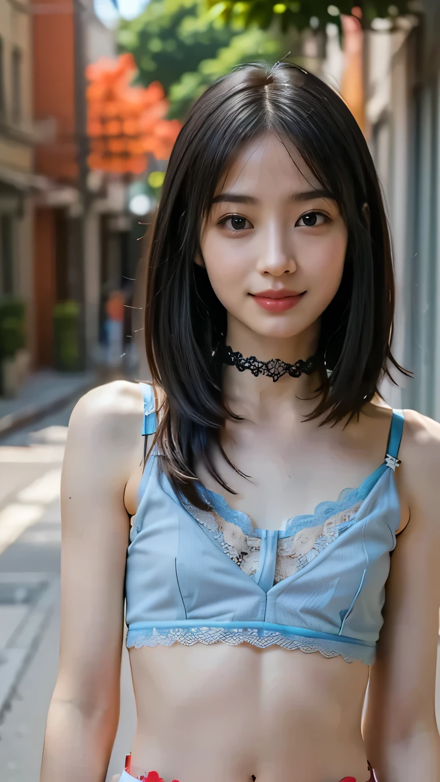 (masterpiece,  top quality:1.2),( realistic ,photo- realistic :1.4),   high definition  ,   Intricate Details ,  very detailed depiction ,{{Alone,18 year old Japanese female idol:smile}} ,,{{(red close,  choker}} , {{ transparent lace bra top camisole top,Thighs丈:1.5)}},,(   straight hair , short bang :1.5),(  flat chested,  small :1.6),( slender body ,  Slim Body with No Arms , prominent muscular ribs  ,  small ass,  thin waist,Thin legs,Thin legs,Thighs:1.2),(  detailed face  :1.2),  detailed eyes sitting on a coral reef ,  fine skin , blue-white skin,Photo Background, outdoor,In the alley,Daytime,sunny,In summer,