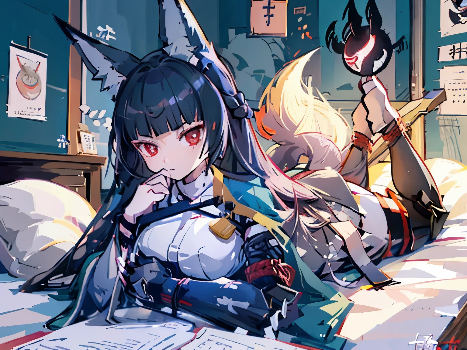 Anime girl with long gray hair and red eyes lying in bed, White fox, Onmyoji detailed art, Onmyoji,  sexy anime girl with speech bubble , Onmyoji portrait,  trending at cgstation , by Shimo,  Arknights, ArtStation、 trending on pixiv , Badass Anime 8k, The fox and the bush, narrow